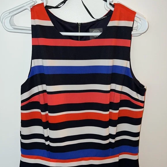 Vince Camuto Lined Navy, Blue, White & Coral Striped Dress - Picture 2 of 11